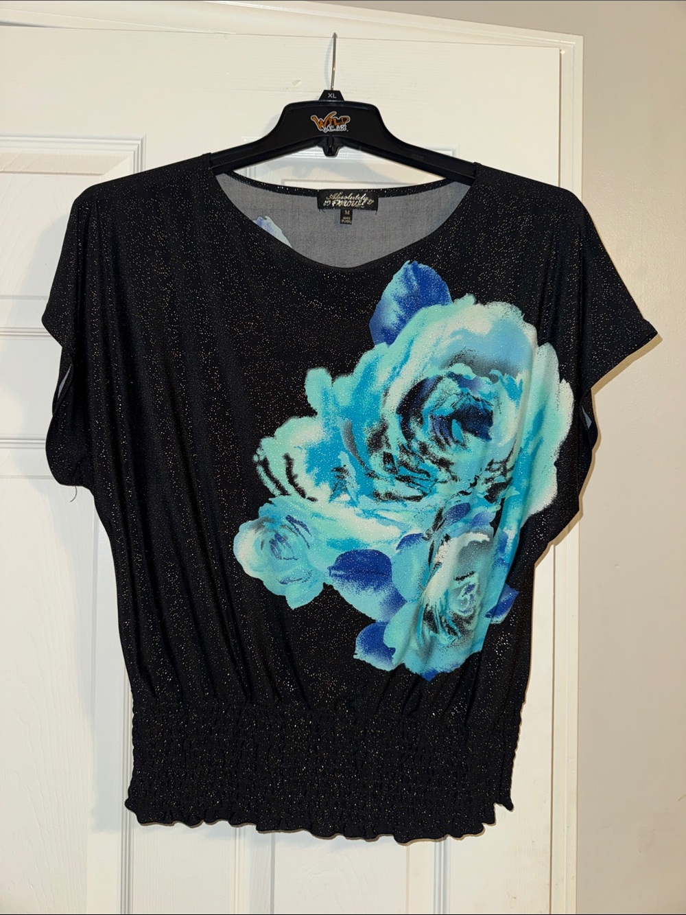 Absolutely Famous Black Top with Blue Turquoise Floral Print